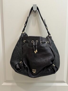 MCM Black Leather Monogram Drawstring Hobo with Gold Hardware